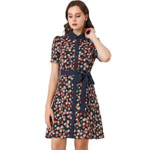 Allegra K Floral Dress Short Sleeve Contrast Collar Belted BNIB Size S